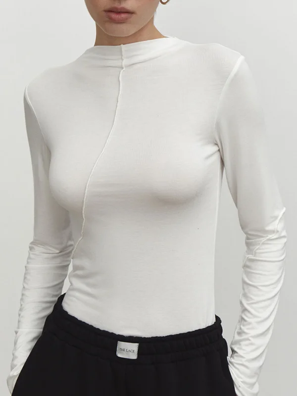 Long Sleeves Skinny Asymmetric Solid Color Mock Neck T-Shirts Tops