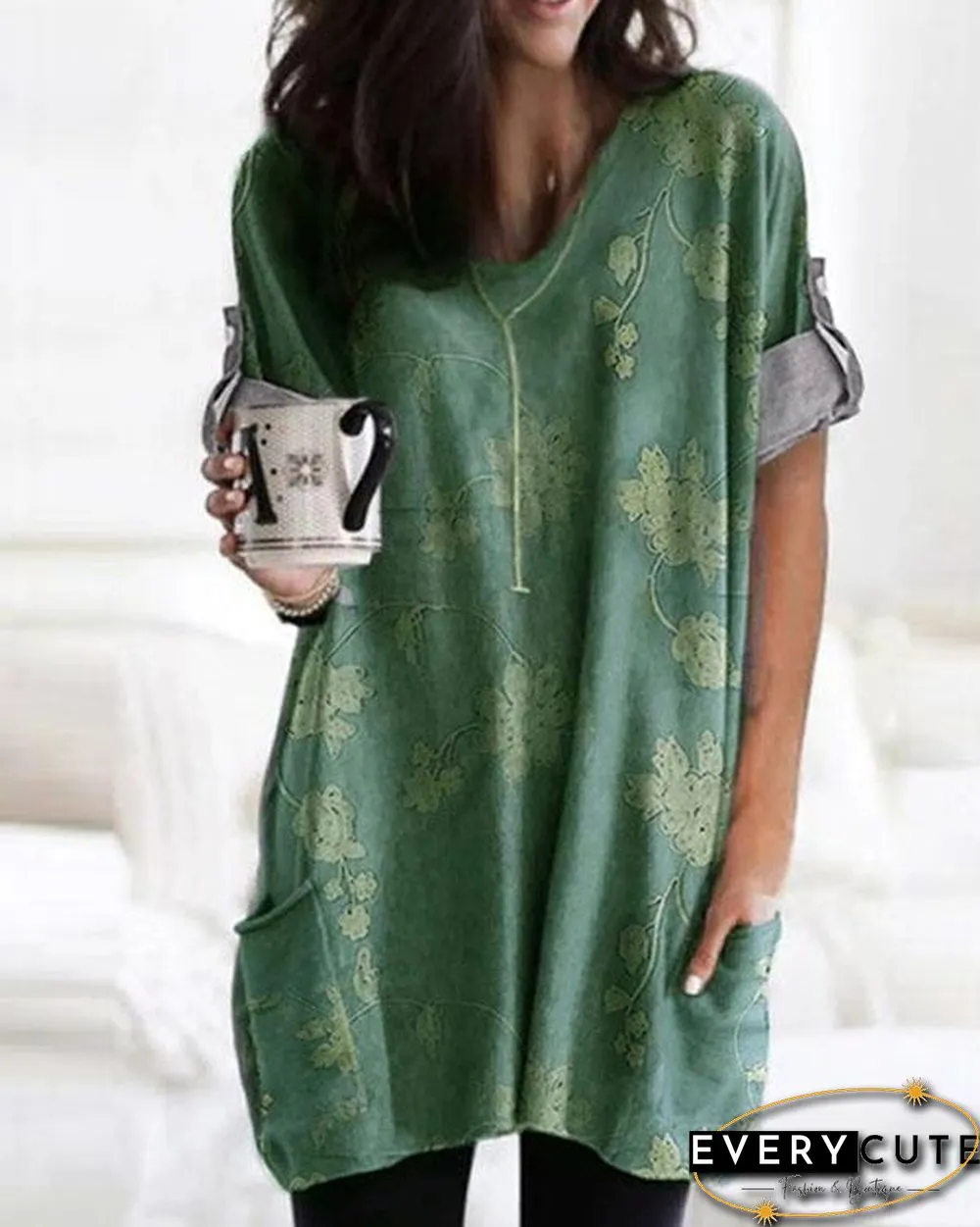 Temperament Printed V-Neck Loose Long Sleeve T-Shirt