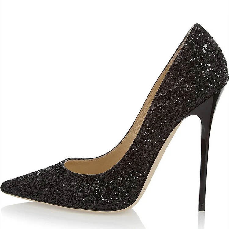 Black Glitter Shoes Pointed Toe Stiletto Heels Pumps |FSJ Shoes