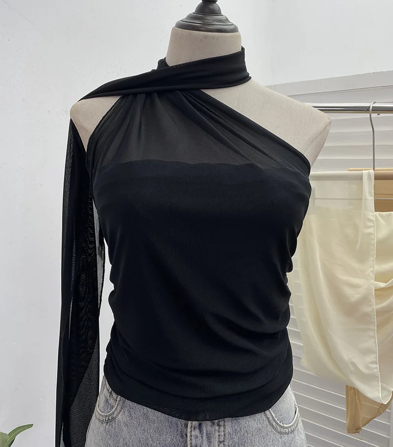 Churchf Real Shooting Mesh Ribbon Hanging Neck Folded Sleeveless Top Babes Two-Wearing Design Wrapping Bras 1125