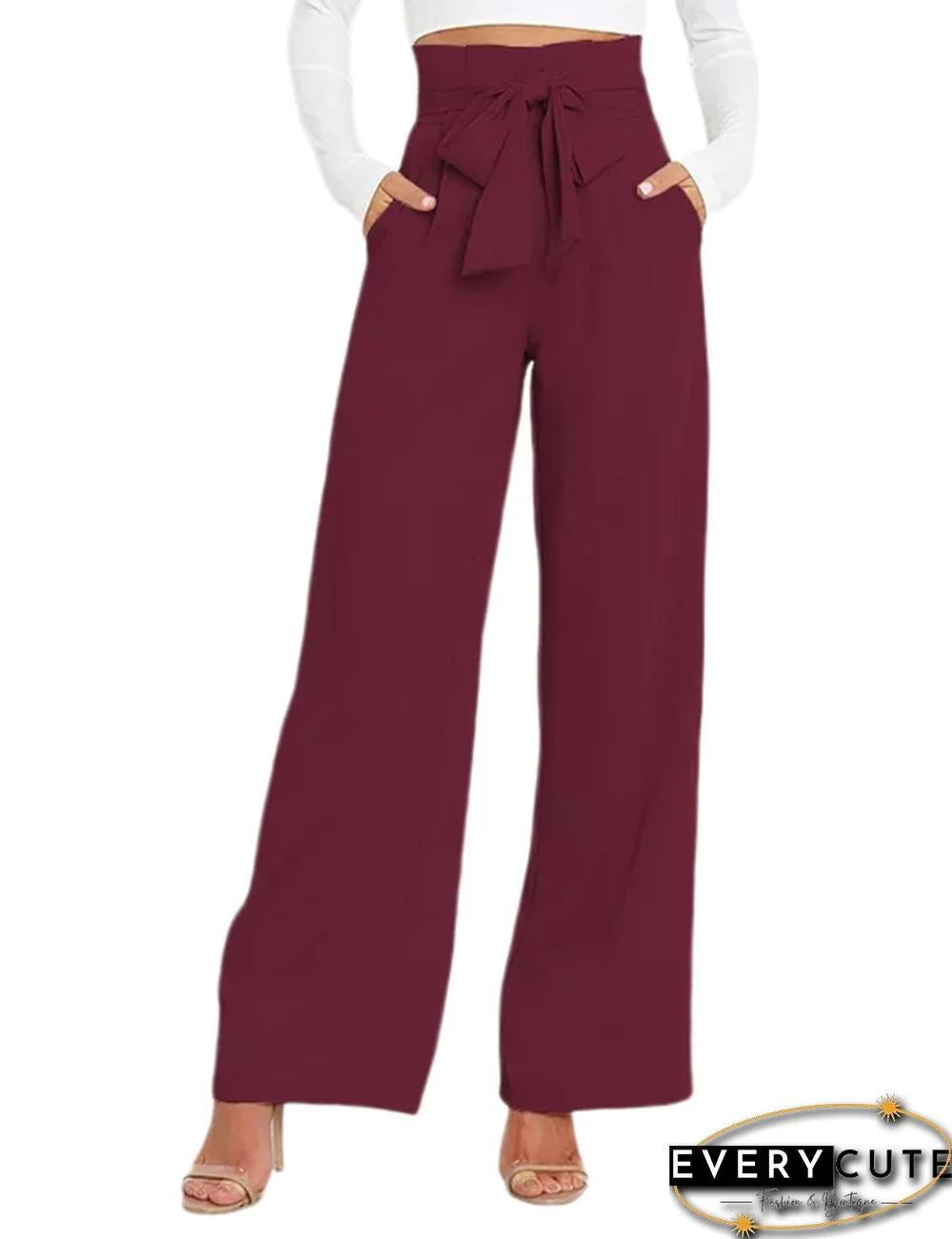 Burgundy Wide Leg High Waist Pocket Pants with Belt