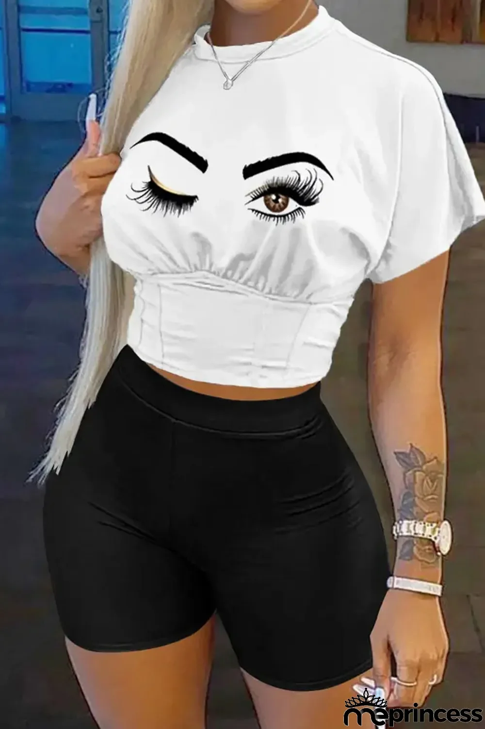 Deep Blue Casual Print Patchwork O Neck Short Sleeve Two Pieces