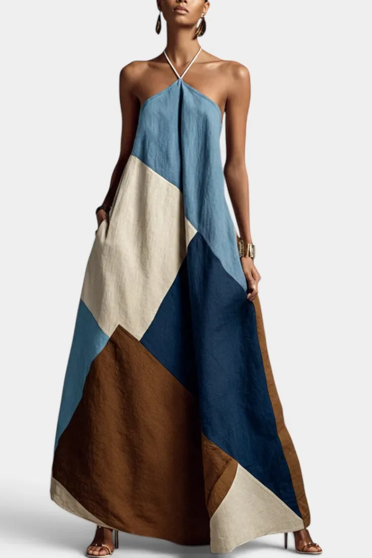Geometric Halter Maxi Dress with Draping Panels