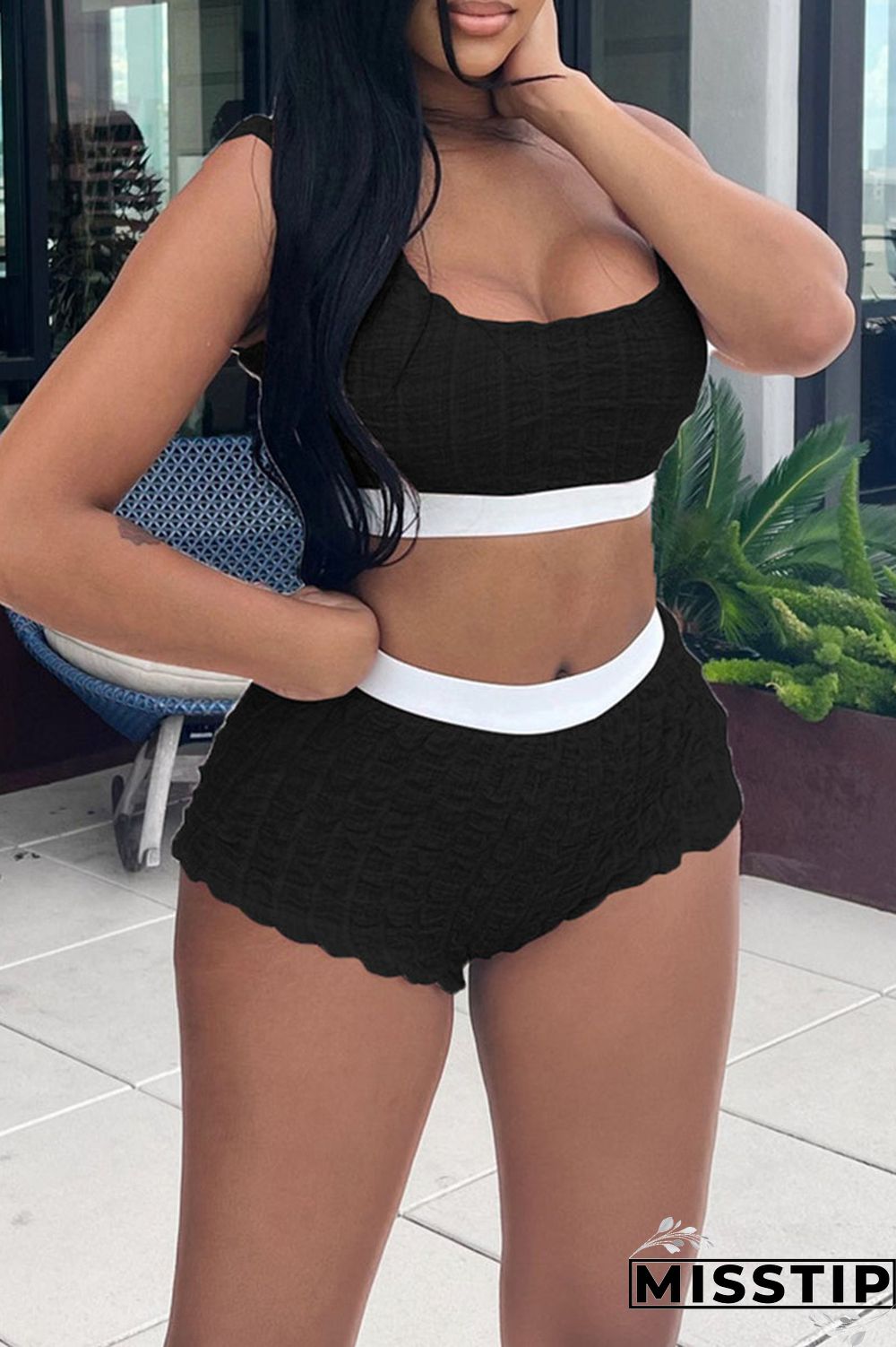 Black Sexy Solid Patchwork Spaghetti Strap Sleeveless Two Pieces