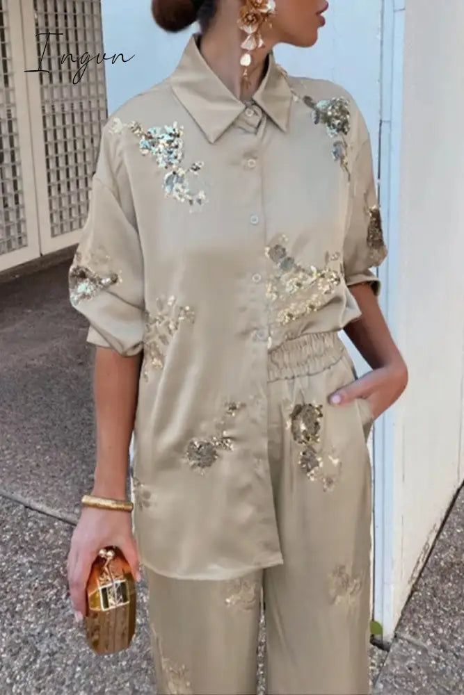 Ingvn - Casual Flowers Sequins Patchwork Turndown Collar Long Sleeve Two Pieces Khaki / S