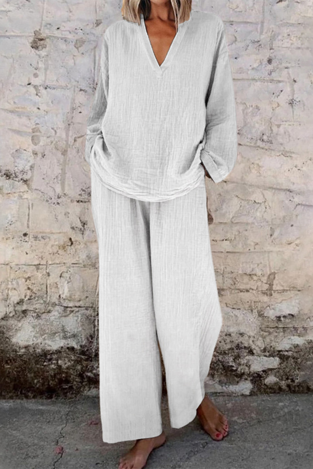 Plus Size Casual White Cotton And Linen Long Sleeve Pocket Two Piece Pant Suit 2024 - Flycurvy 