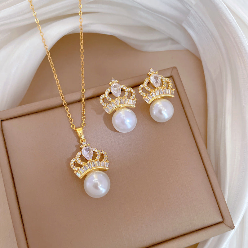 Necklace Earring Set Full Diamond Pearl Crown Personalized Banquet Earrings And Pendant Set