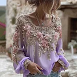 Women's Pink Rose Embroidery Art Round Neck Long Sleeve Linen Blend T-shirt - Image 4