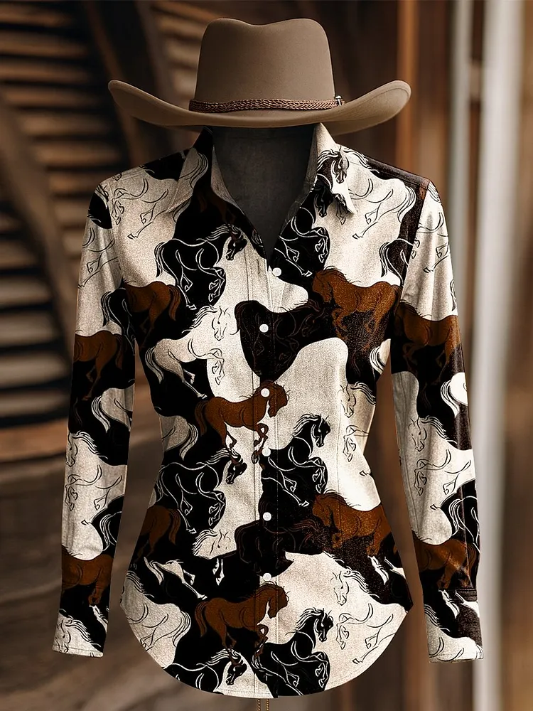 Women's Vintage Horse Print Western Long Sleeve Shirt 