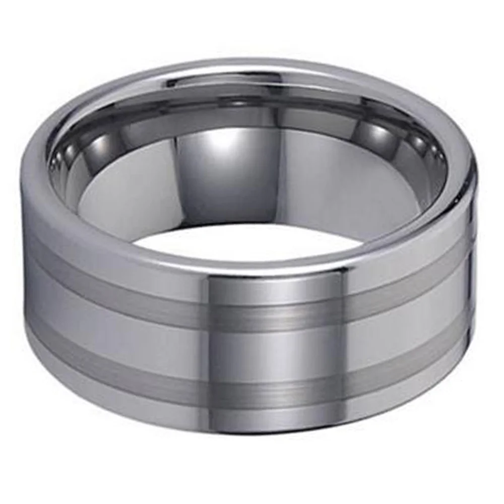 8MM 10MM Silver Two Striped Brushed Mens Flat Tungsten Ring