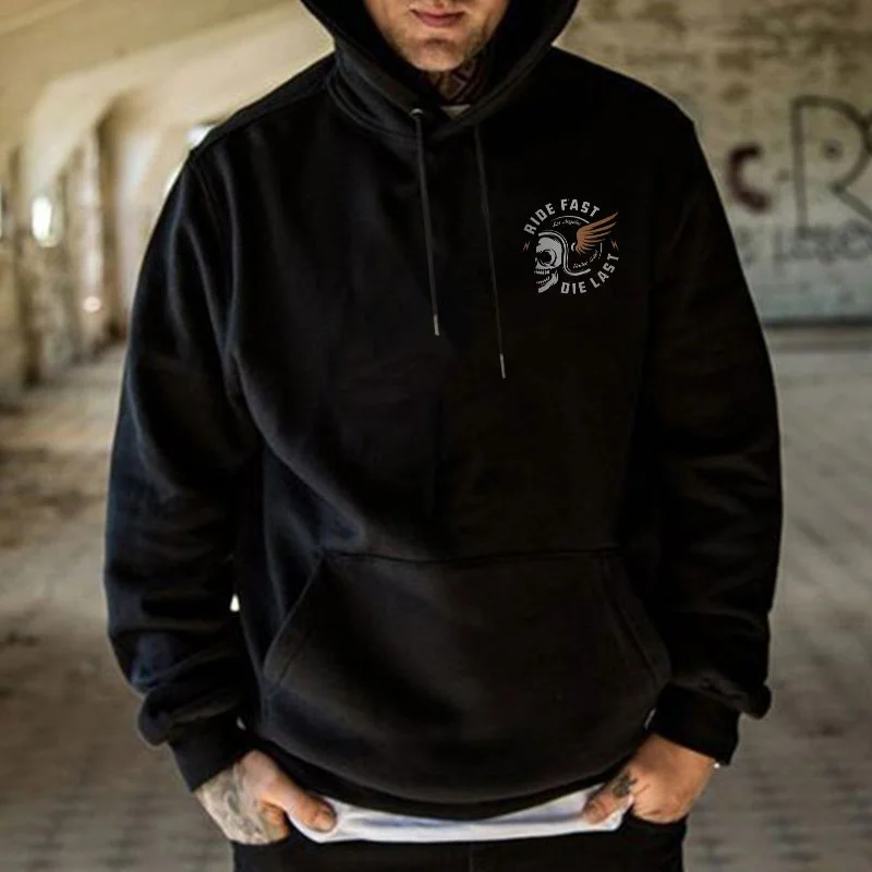 MOTOSUNNY RIDE FAST DIE LAST Skull with Helmet Wings Casual Black Print