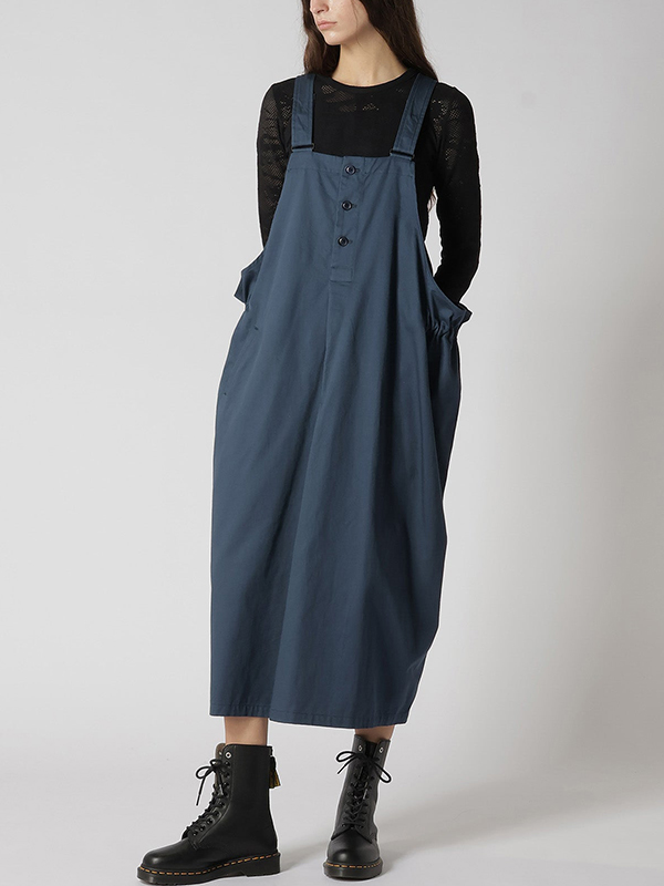 Adjustable Shoulder Strap Cotton Twill Front Pocket Midi Dress