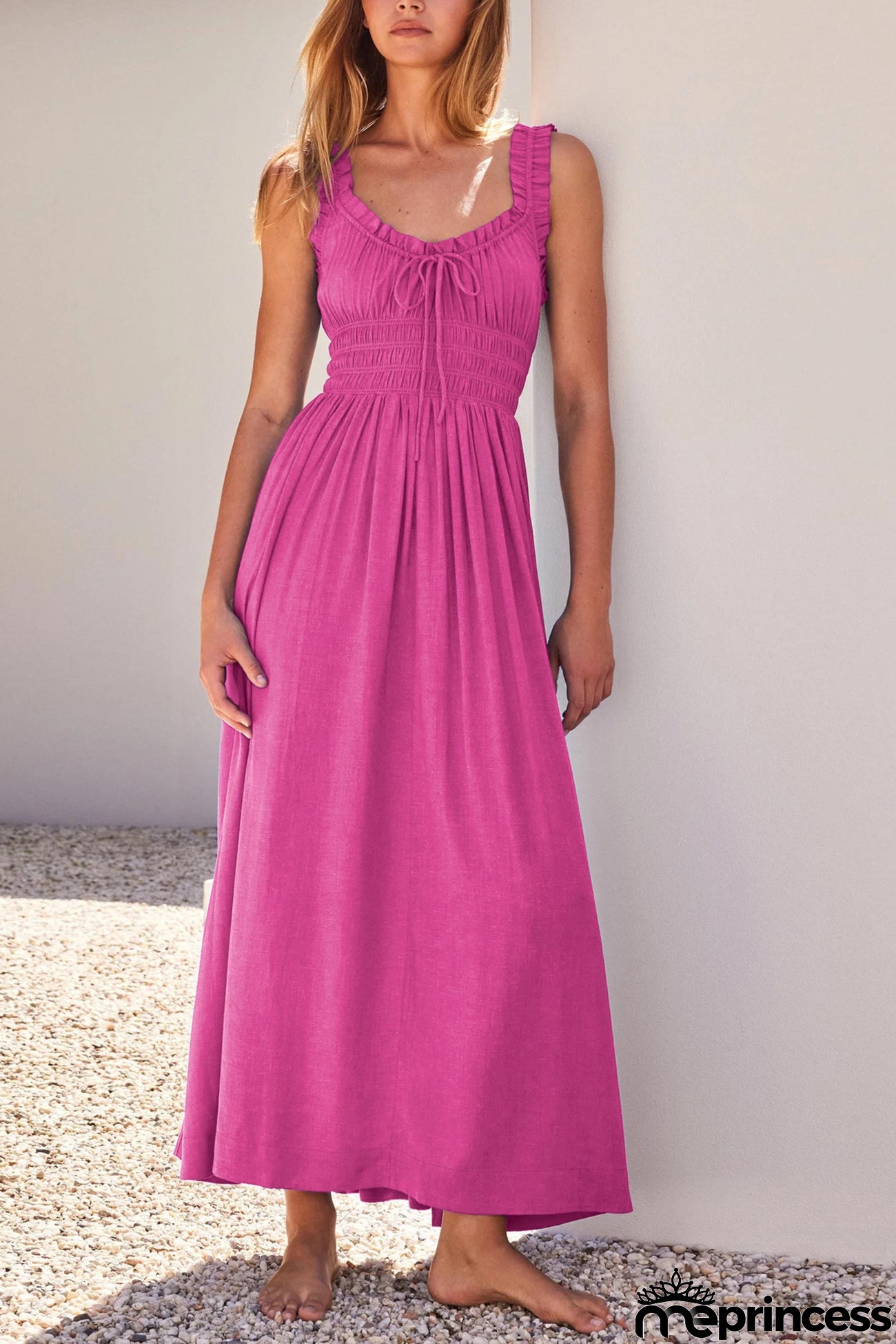 V Neck Tie-up Smocked Midi Dress