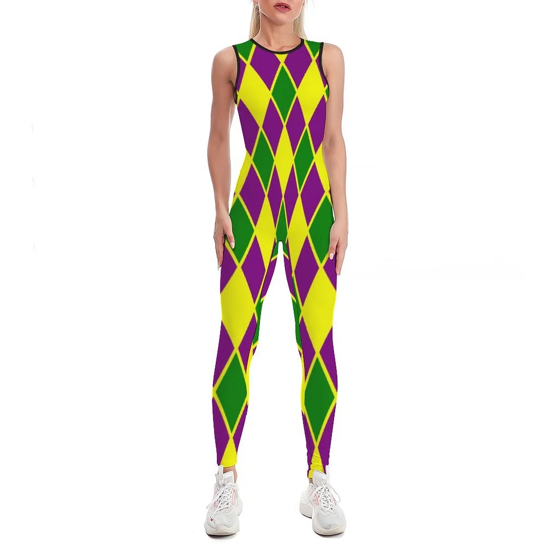 Mardi Gras Harlequin Pattern Mardi Gras Bodycon Tank One Piece Jumpsuits Long Pant Retro Yoga Rompers Playsuit for Women