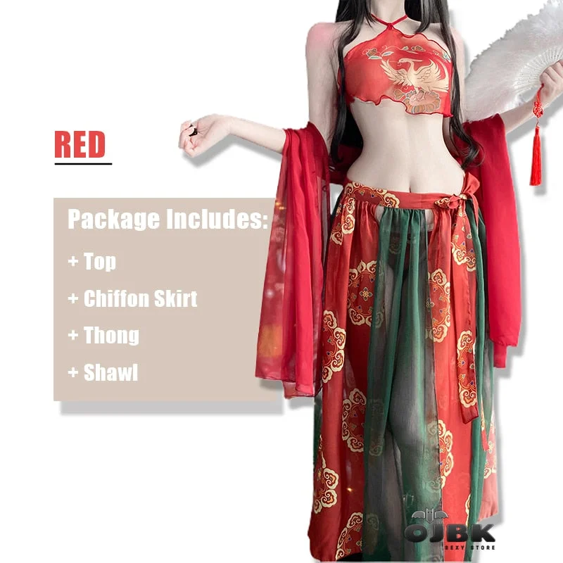 OJBK Traditional Classic Chinese Sexy Lingerie For Women Stage Costumes Anime Cosplay Outfit Chiffon See Through Bra And Dresses