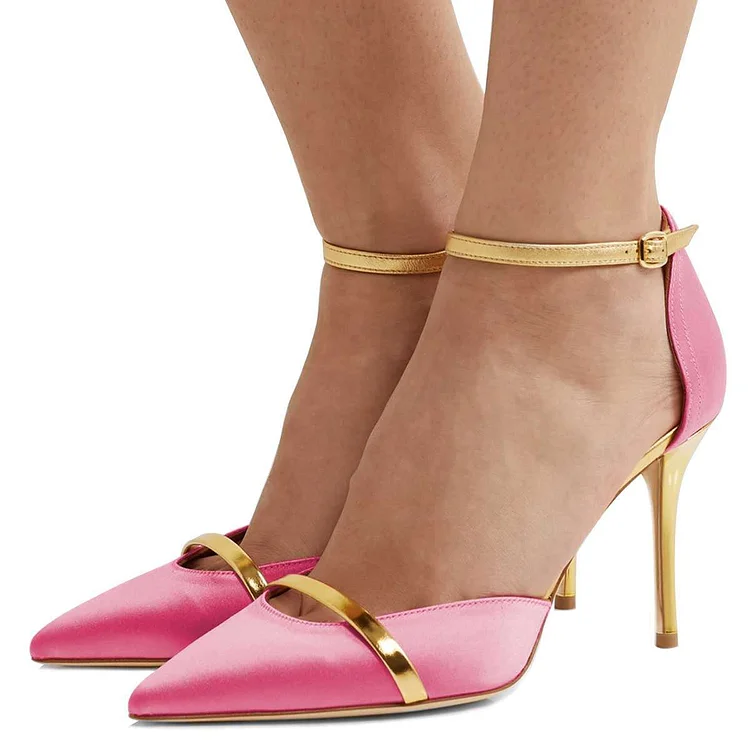 Pink Pointed Toe Ankle Strap Heels Stiletto Heel Pumps |FSJ Shoes