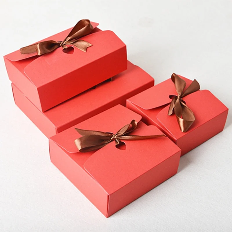 StoBag 10pcs Kraft Paper Business Gift Box With Bow Nougat Handmade Biscuit Box Christmas Candy Package Baby Show Party Supplies