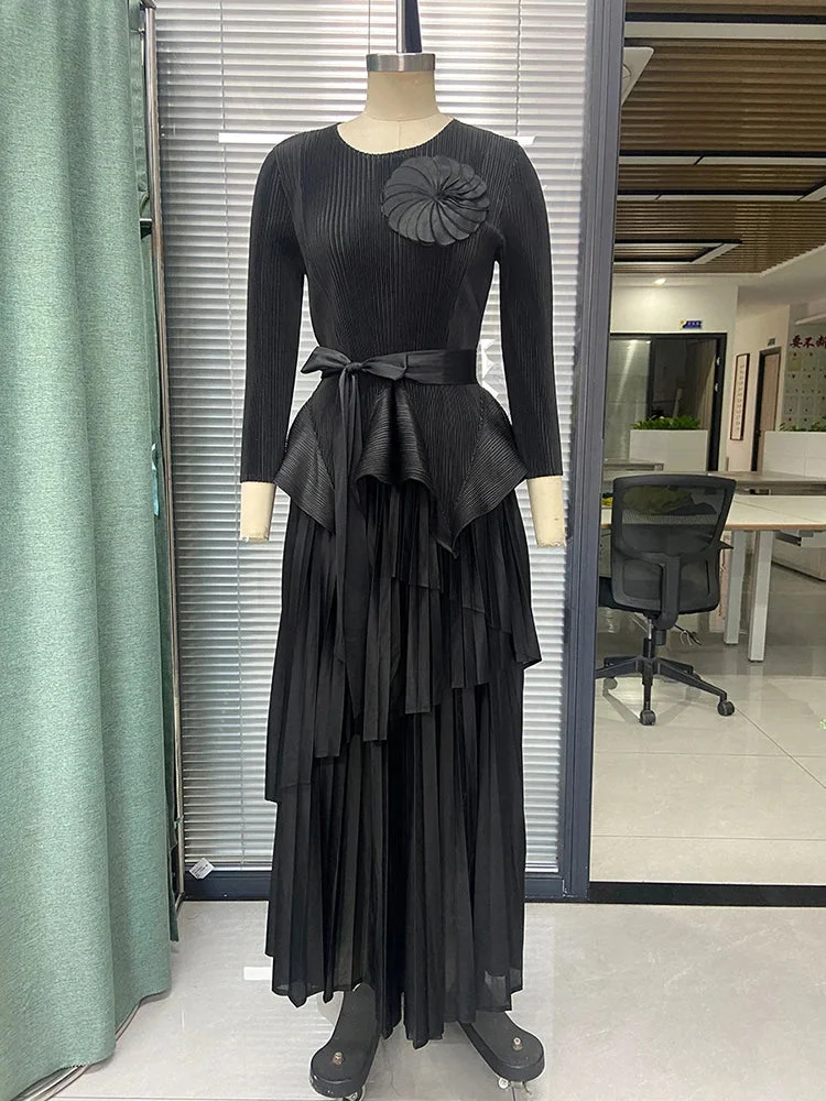 Party Red O-neck Pleated Long Sleeve Top And Asymmetrical Pleated Skirt Set