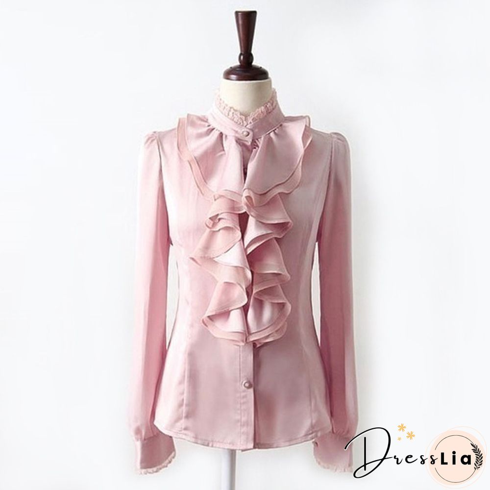 Womens Satin Silk-like Long Sleeve Office Slim Shirt Frill Drape Ruffle Trim Stand Collar Blouse Top