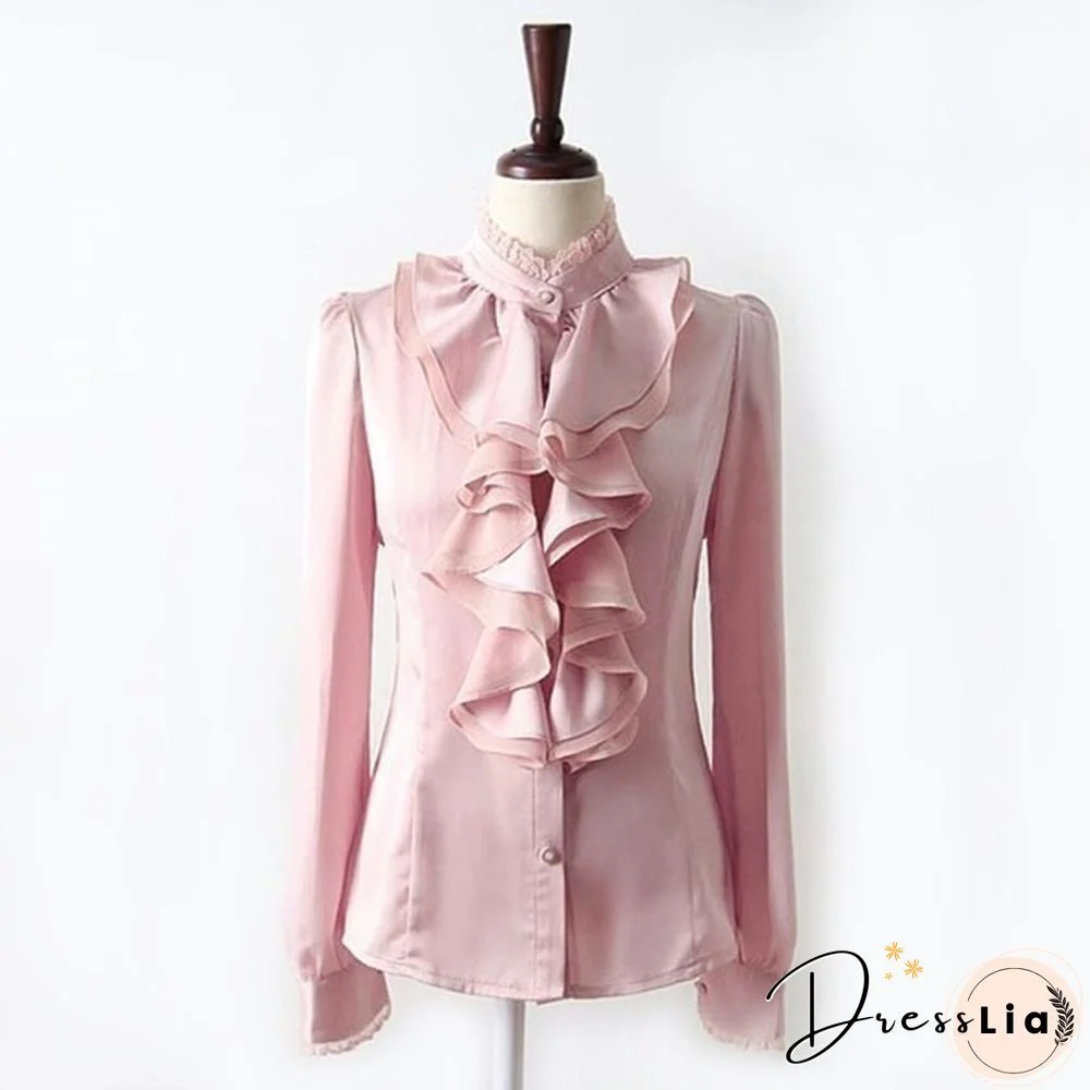 Womens Satin Silk-like Long Sleeve Office Slim Shirt Frill Drape Ruffle Trim Stand Collar Blouse Top