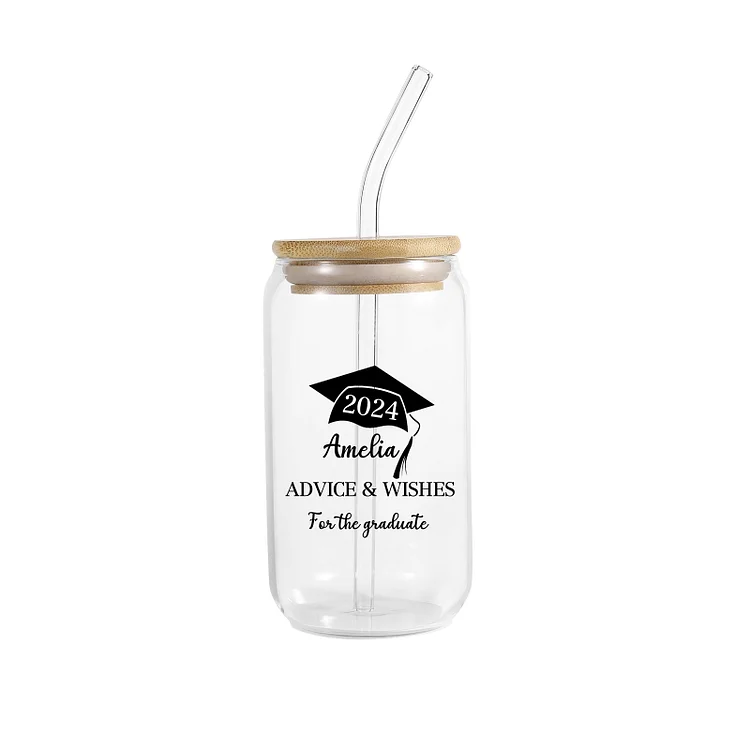 2024 Graduation Gift - Personalized Custom Text, Name and Year Glass with Glass Straw