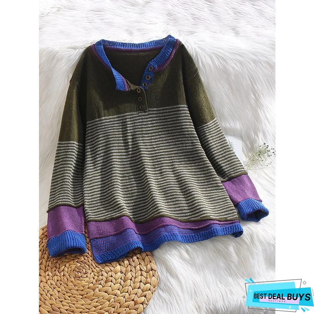 Stripe Button Long Sleeve Contrast Color Sweater