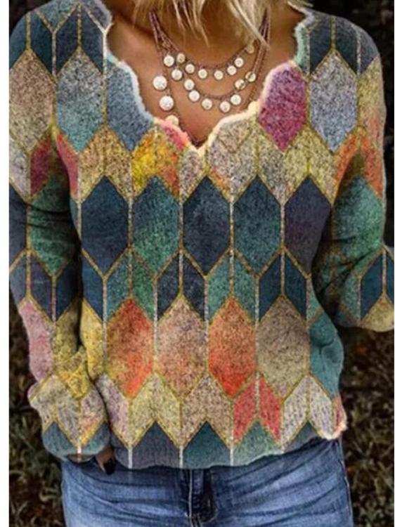 Women Long Sleeve V-neck Printed Sweater Top