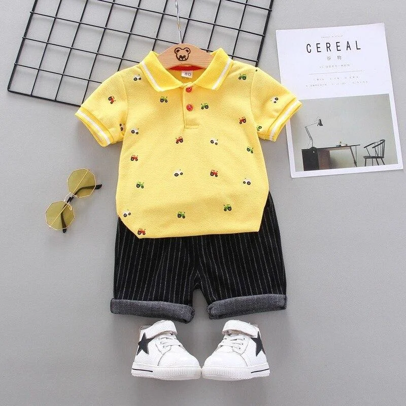 Toddler Clothes for 1 2 3 4 Y Boys Summer Short-sleeved Suit Printed T-shirt + Black Striped Breechcloth 2 Pcs Children Outfits