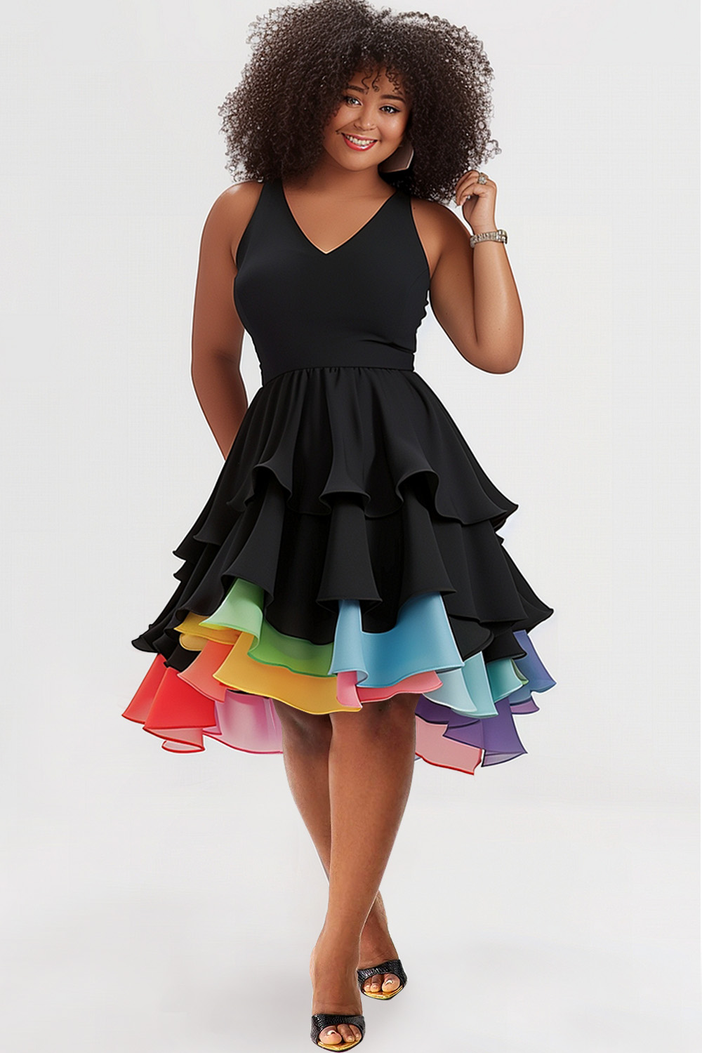 Xpluswear Design Plus Size Party Black Colorblock V Neck Tiered Midi Dresses [Pre-Order]