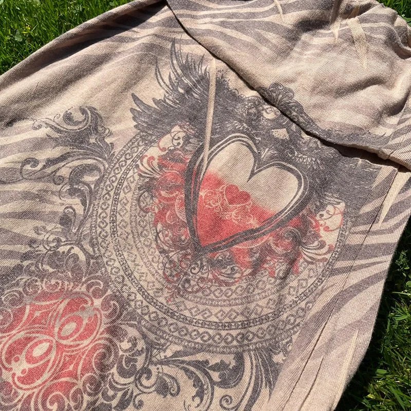 Rapcopter Graphic Print Midi Skirts Grunge Fairycore Pleated Long Skirt Vintage Kawaii Goth Black Skirts Women Khaki Vintage New