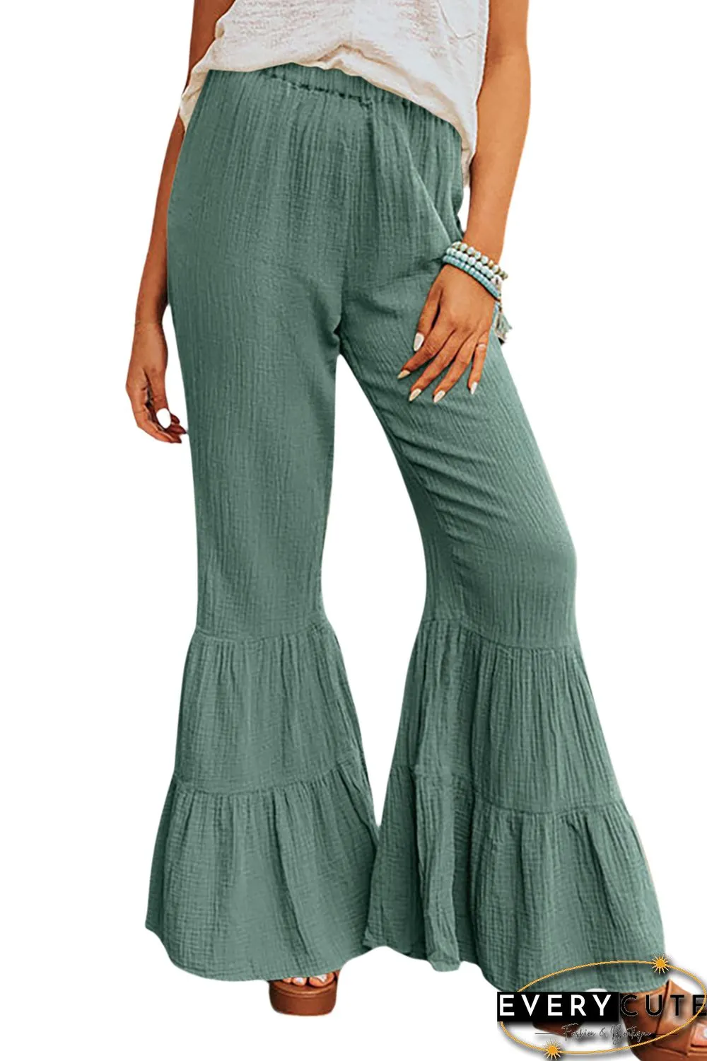 Green Textured High Waist Ruffled Bell Bottom Pants