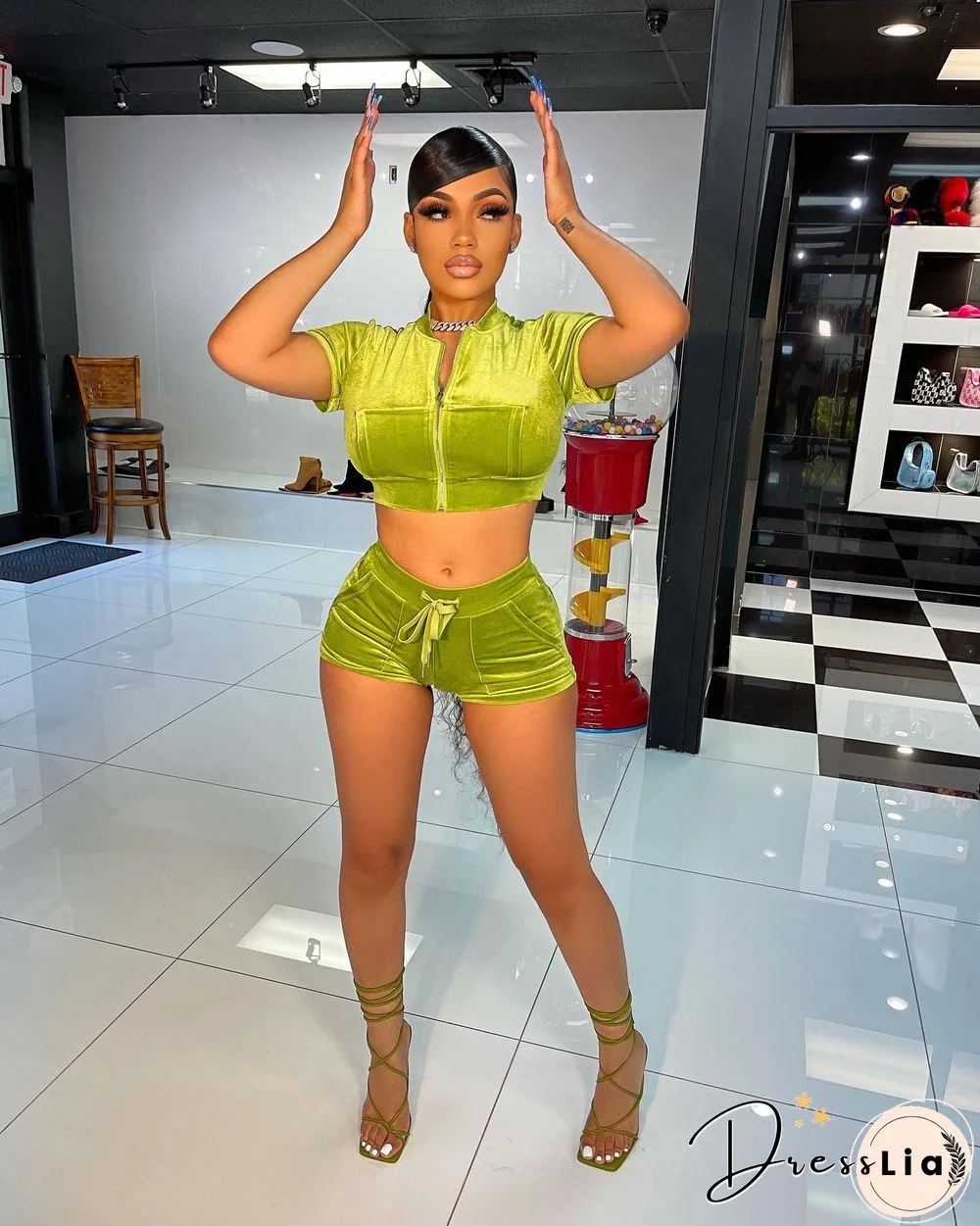 Velvet Crop Tops Biker Shorts Workout Matching Sets