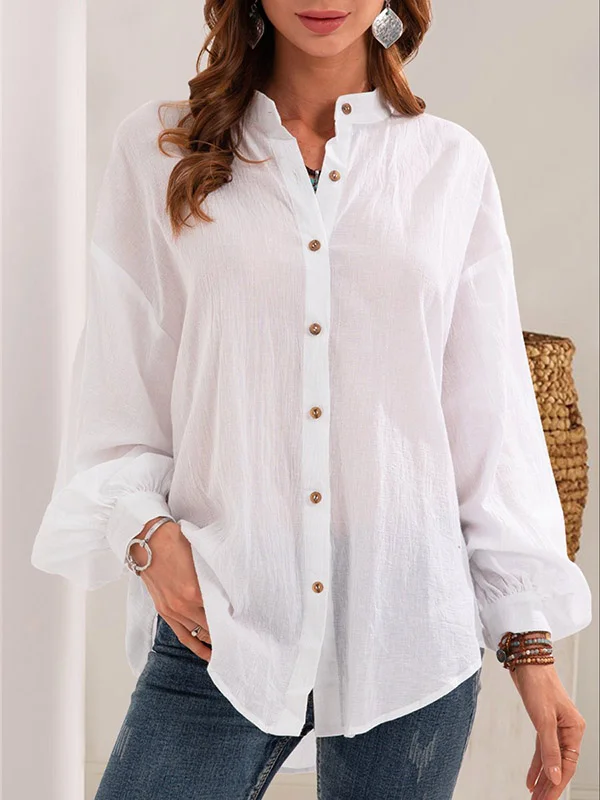 Buttoned Loose Long Sleeves Mock Neck Blouses&Shirts Tops