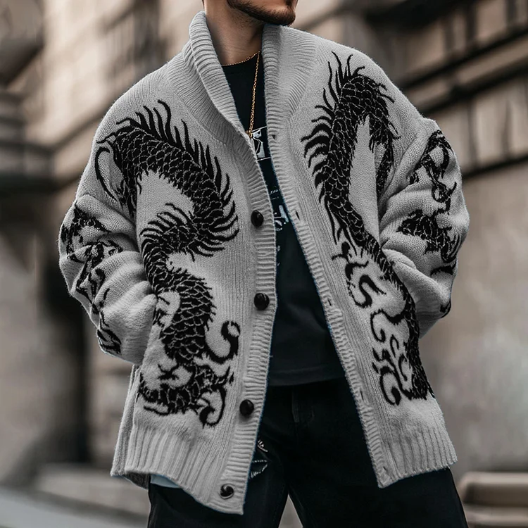 Utbros Men's Dragon Jacquard Lapel Button Down Cardigan