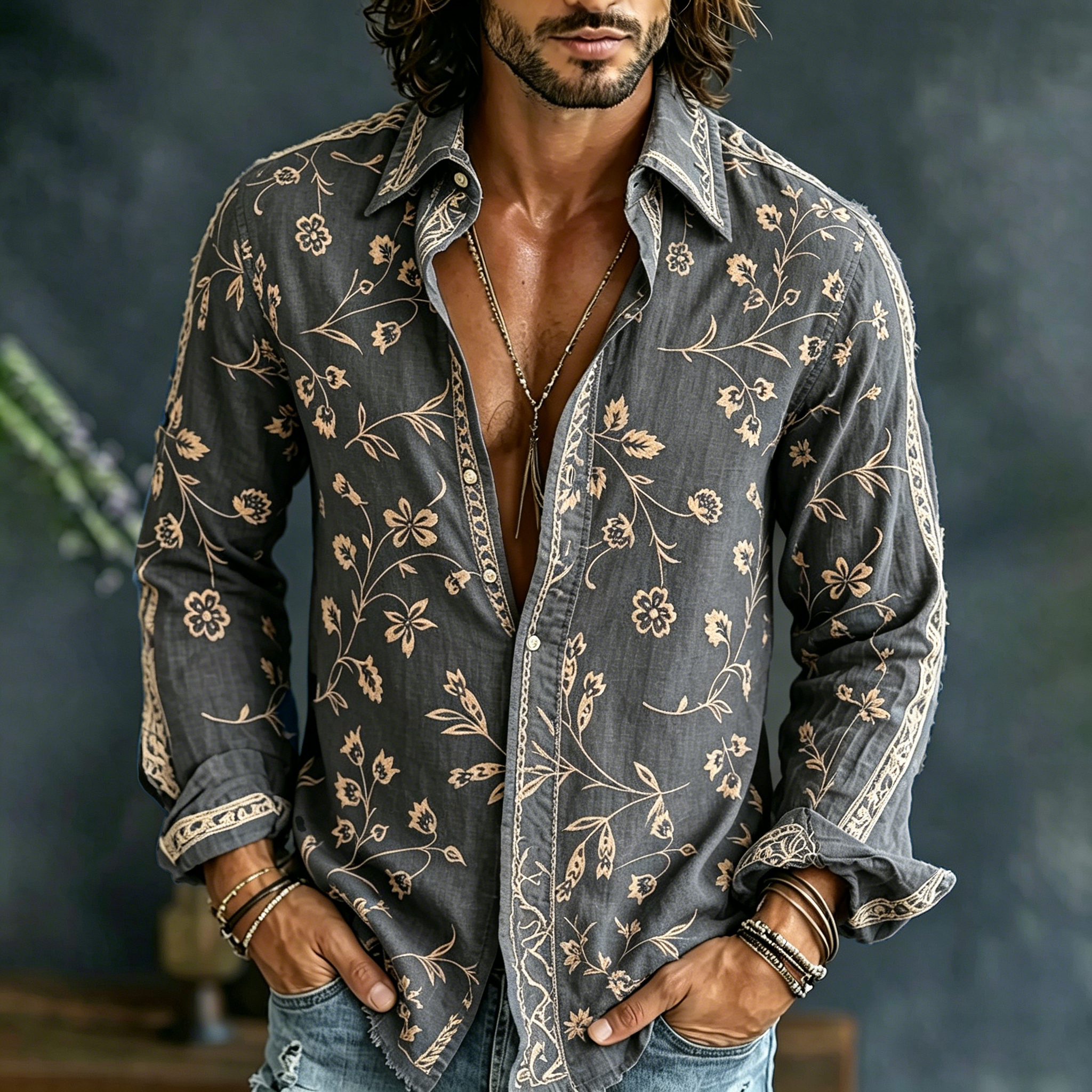 Comstylish Men's Vintage Spring Floral Embroidered Art Print Flowy Linen Blend Casual Shirt