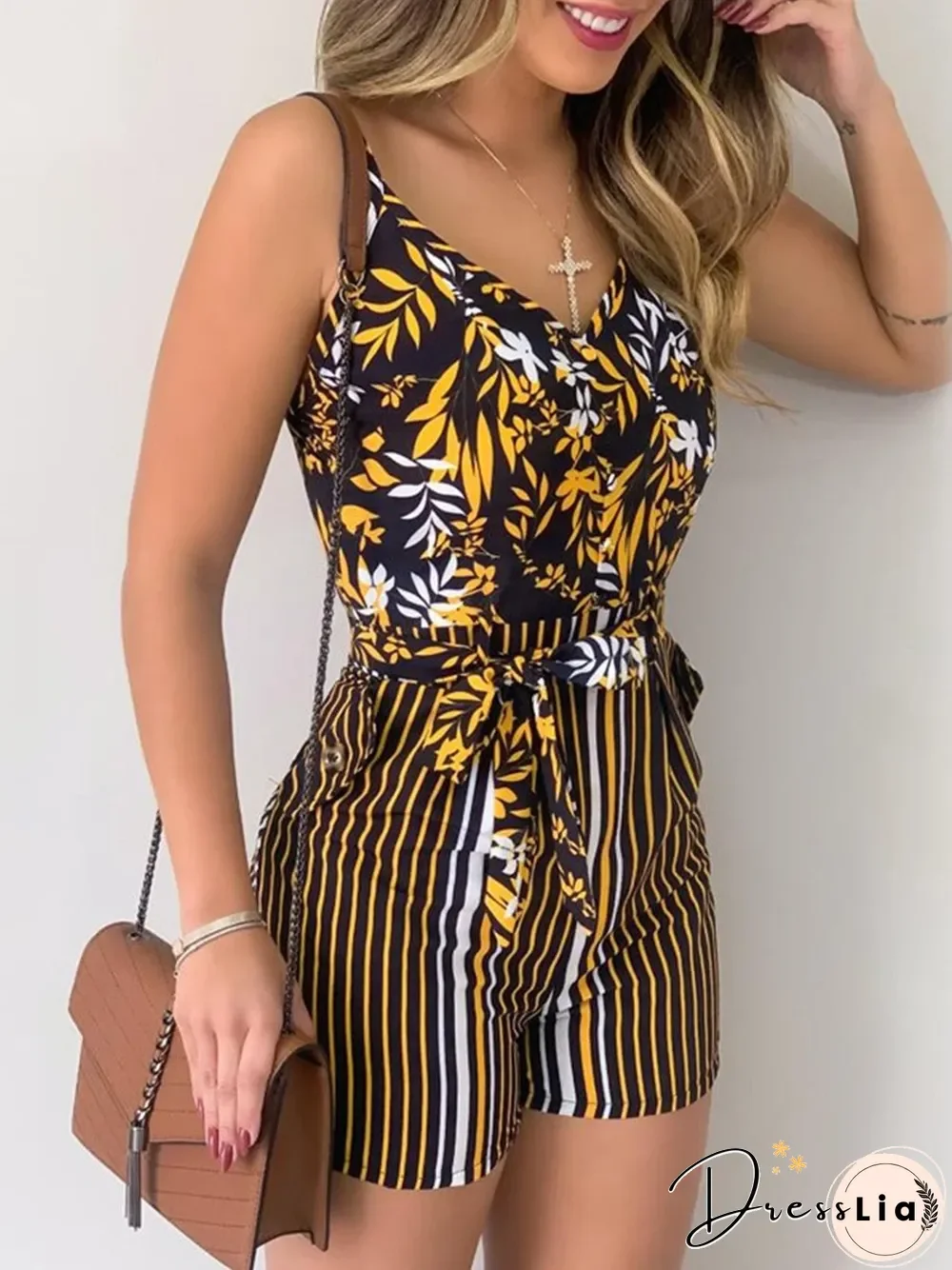 Sexy Nature Print StripeSling Romper P14652