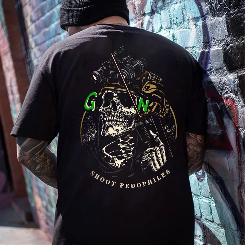 MOTOSUNNY SHOOT PEDOPHILES Righteous Skull Black Print T-shirt