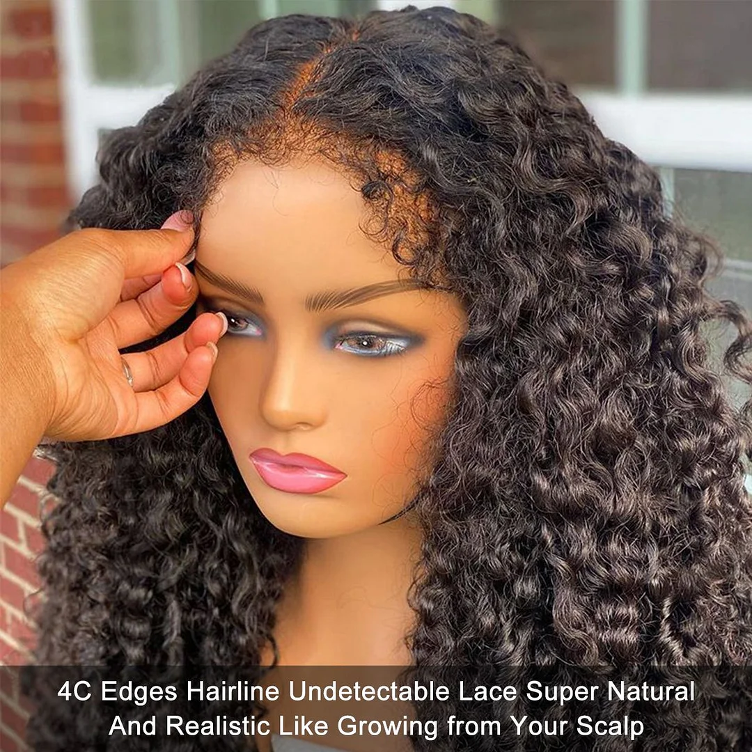 4C Edges Hairline Deep Curly Hair 13×4 Skin Melted HD Lace Front Wig