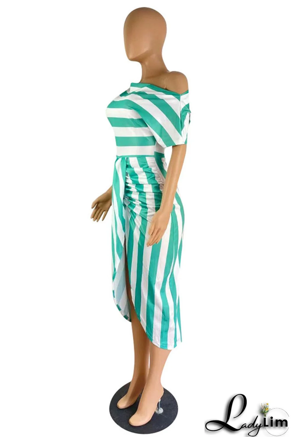 Black Fashion Casual Striped Print Asymmetrical Oblique Collar Short Sleeve Dress