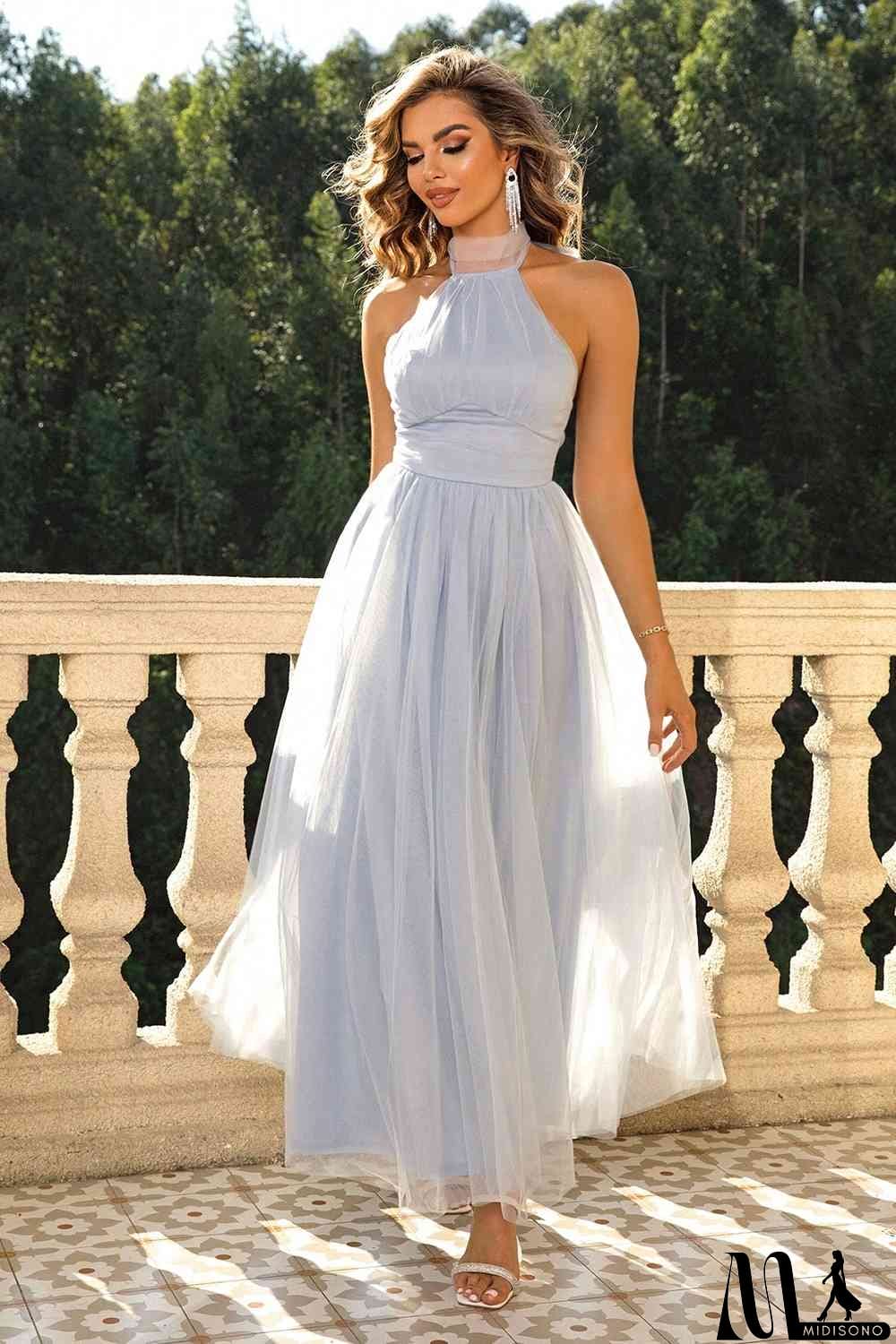 MidiSono - Halter Neck Backless Mesh Dress