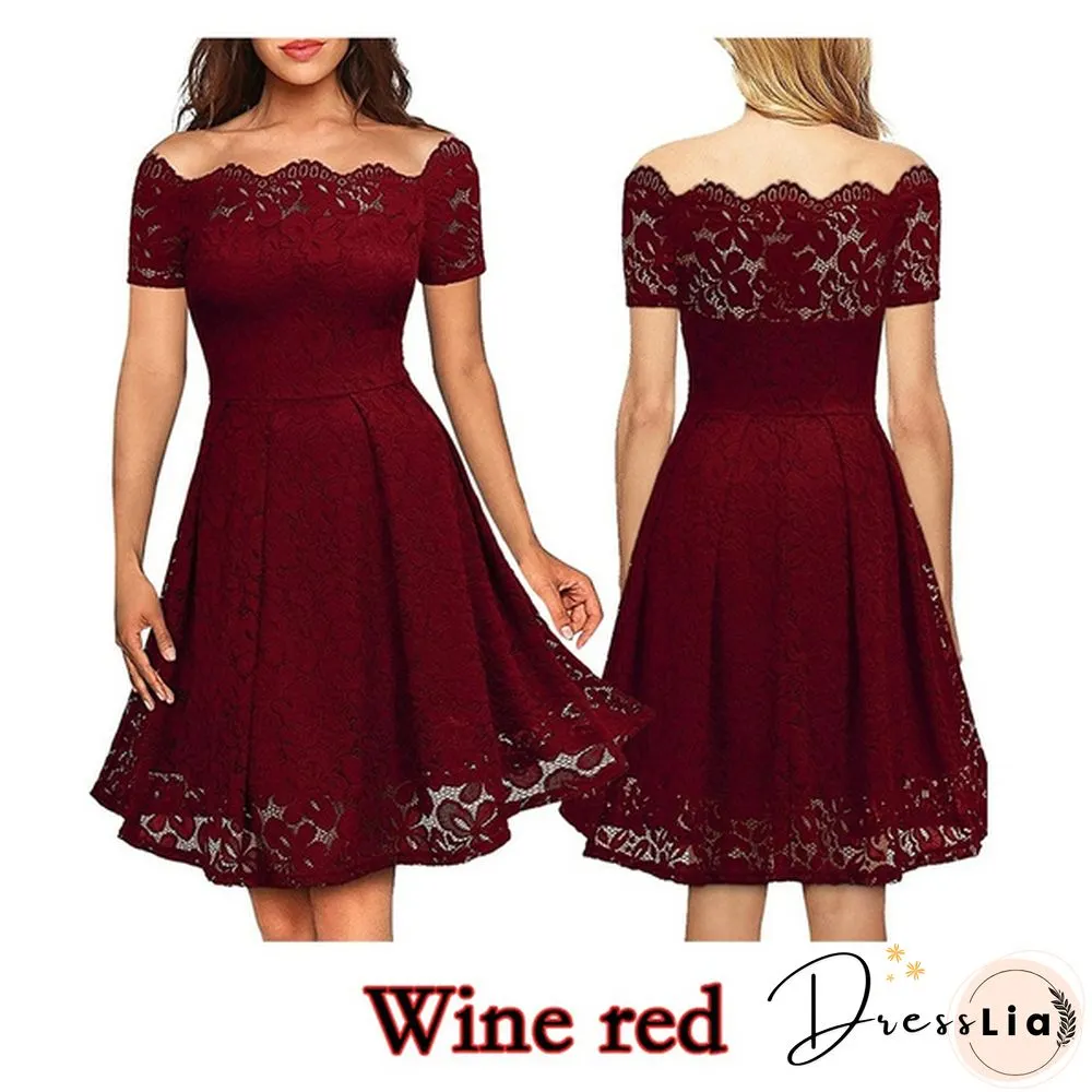 New Fashion Women Off Shoulder Slim Fit Lace Dress Elegant Strapless Short Sleeve Cutout