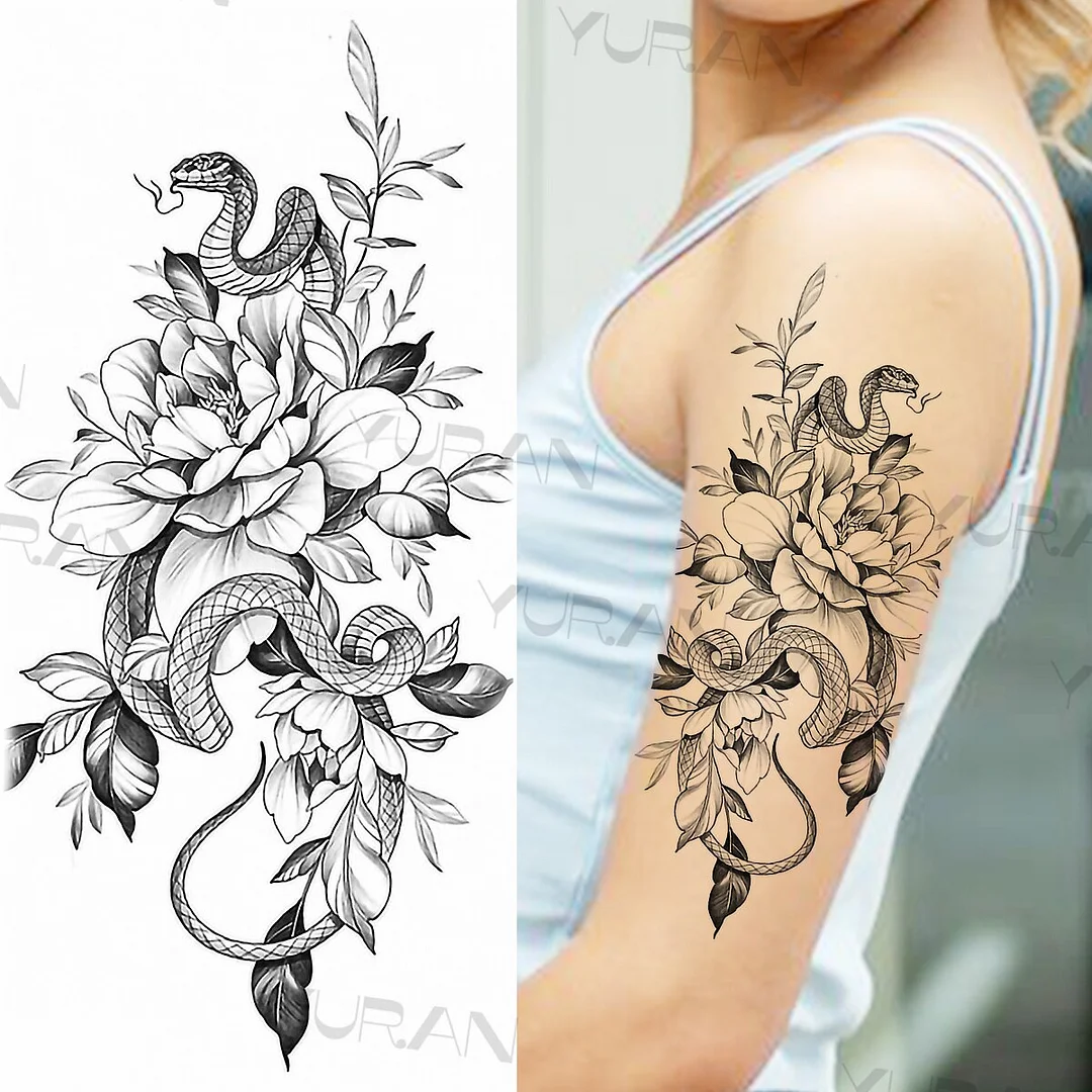 Sdrawing Rose Flower Temporary Tattoos For Women Realistic Snake Butterfly Flora Fake Tattoo Sticker Arm Body Waterproof Tatoos