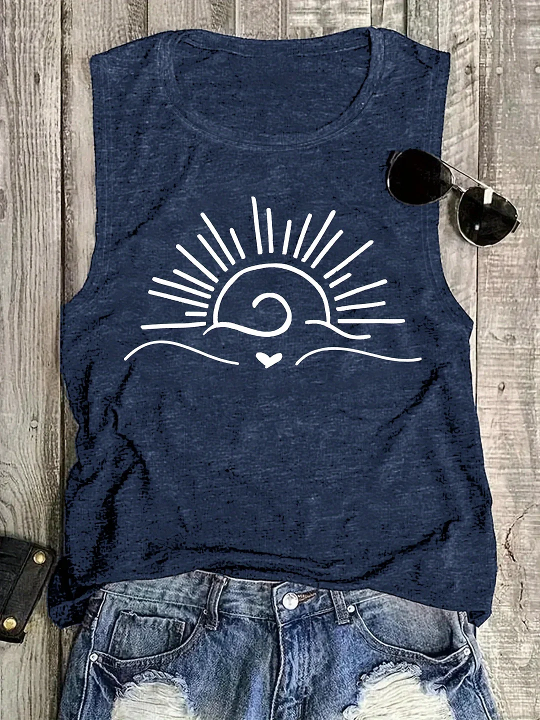 Women's Casual Sleeveless Tank Top With Sunrise Design - Round Neck, Stretch Fabric, Geometric Pattern, Pullover Vest For Casual Attire | IFYHOME