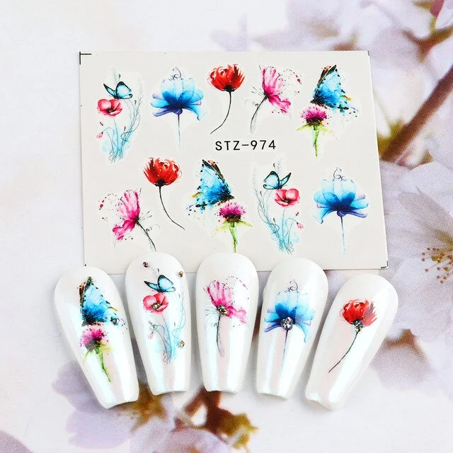 Nail Stickers Water Transfer Multiple Colors Ink Flower Leafs Designs Nail Decal Decoration Tips For Beauty Salons-Nail Inspo