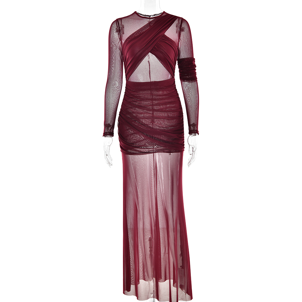 Elegant Mesh Patchwork Long Sleeve Bodycon Party Club Evening Dress Sexy Double Layer Perspective Vestido Autum Clothing