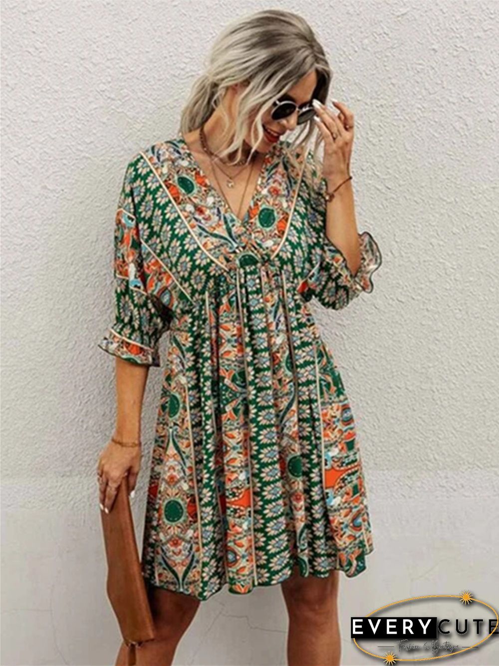 V-neck Waist Print Dress Print Dresses