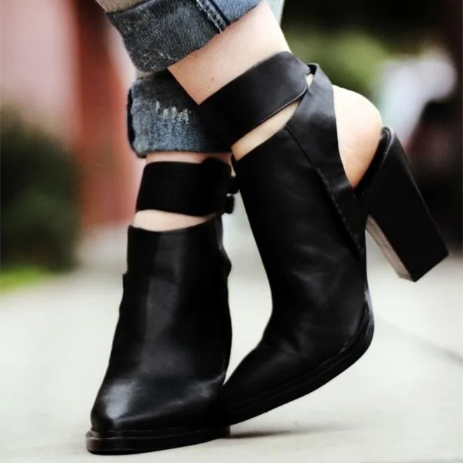Black Slingback Chunky Heel Ankle Strap Pointy Toe Boots Vdcoo