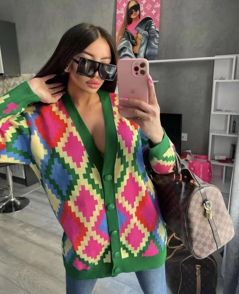 Colour Plaid Cardigans Coats Women Autumn Winter Long Sleeve Casual Loose Jackets High Street Buttons Knitted Sweaters