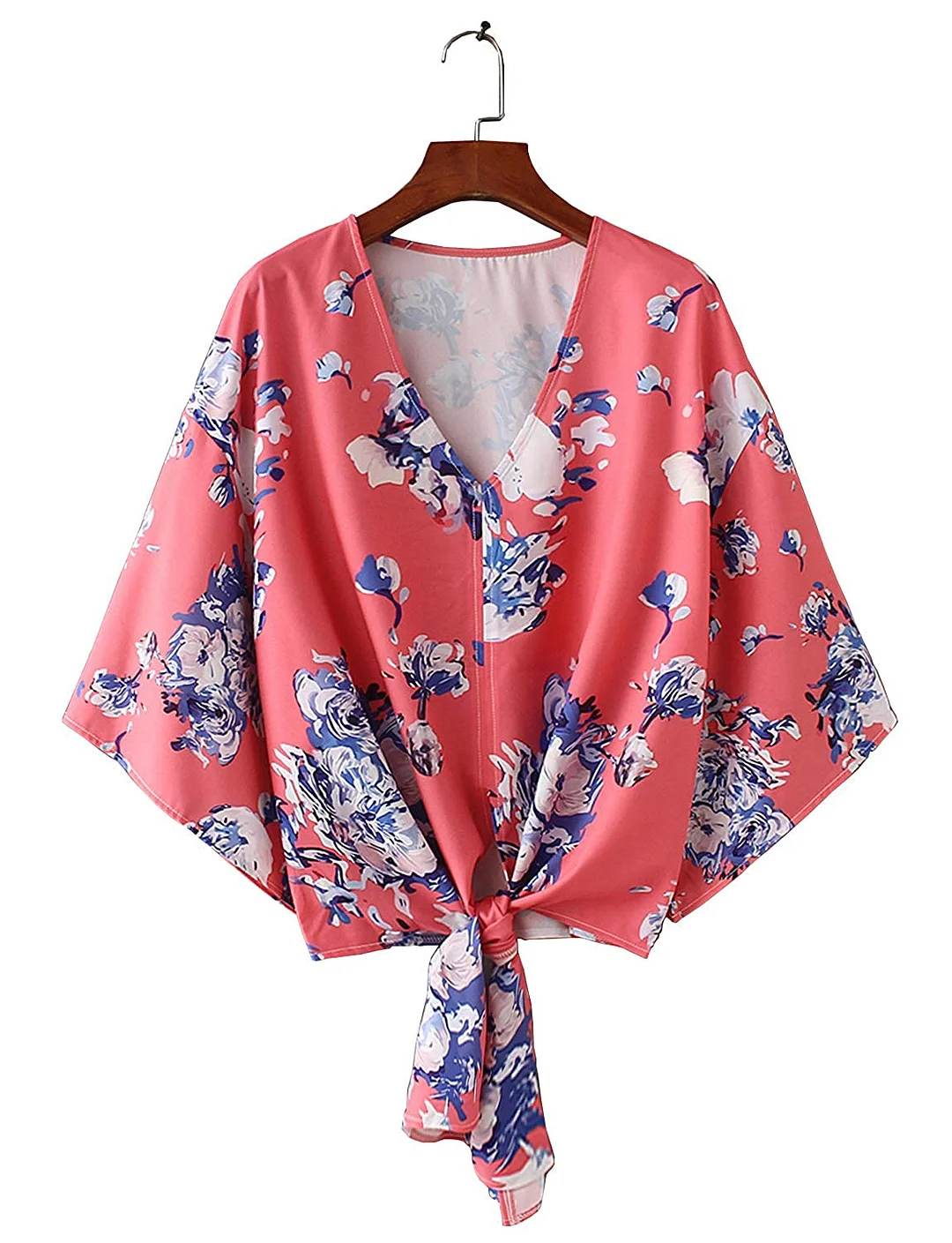 Womens Floral Blouse Tops V Neck Tie Knot Front Short Bell Sleeve Tops Shirts Wraps