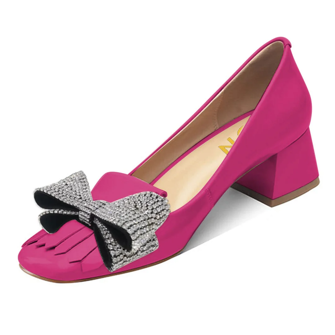 Hot Pink Rhinestone Bow Heels Square Toe Pumps Shoes with Fringe
